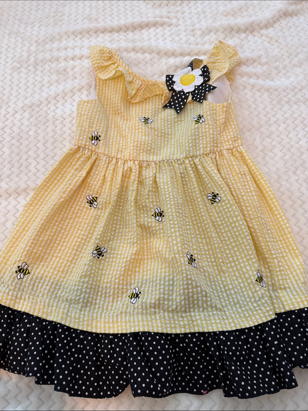 Yellow Bee Print Girls' Dress with Polka Dot Trim